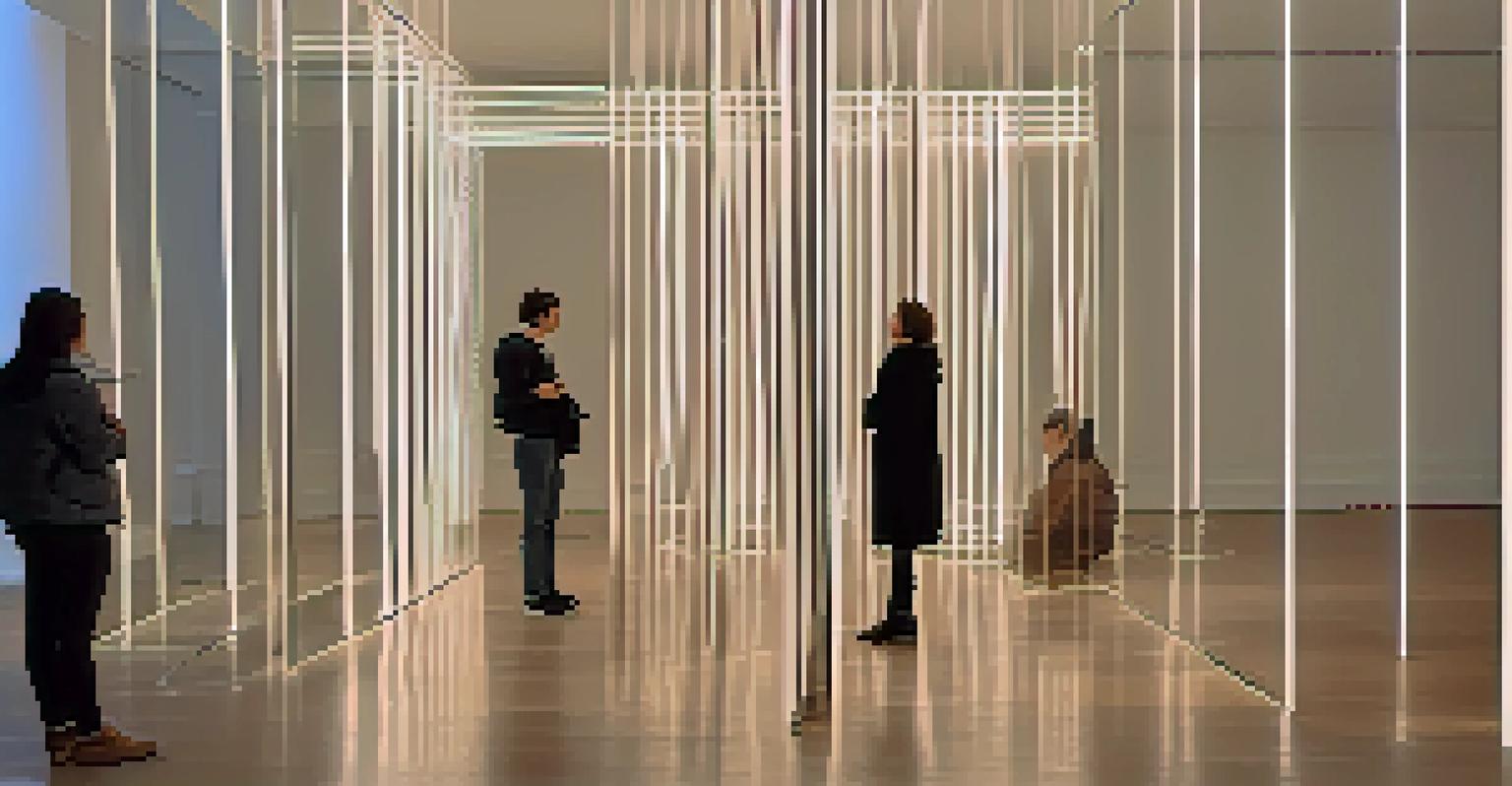 An immersive indoor installation with a large reflective sculpture, softly lit, where visitors are interacting and contemplating their reflections.