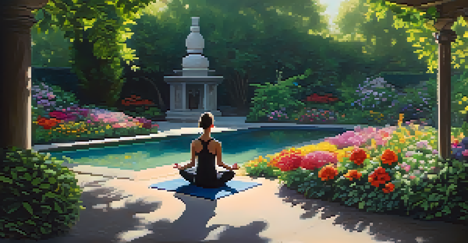 A peaceful garden with a fountain and a person meditating on a yoga mat surrounded by flowers.