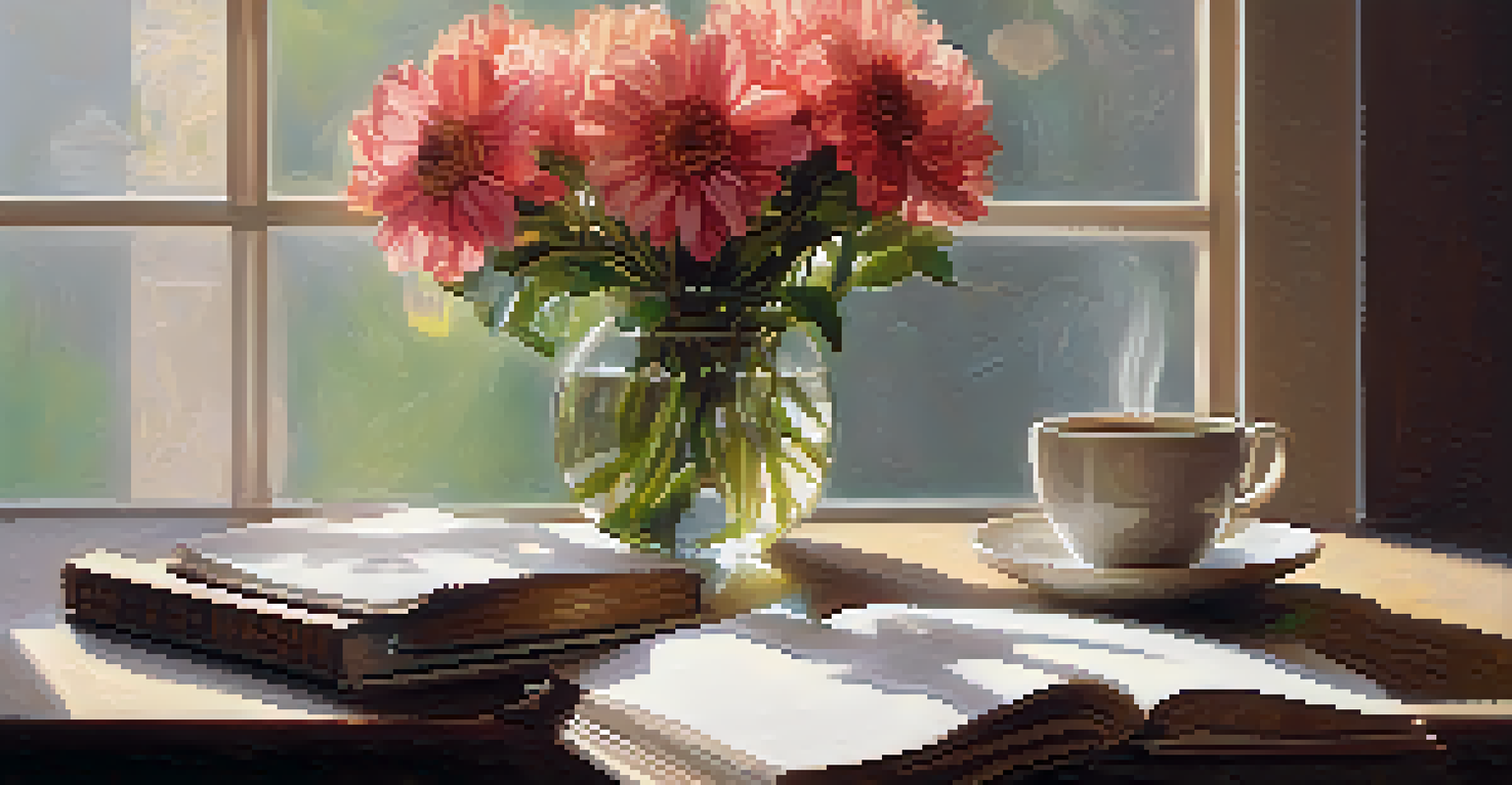 A cozy arrangement of a coffee cup, a handwritten note, and a flower in a vase, symbolizing gratitude.