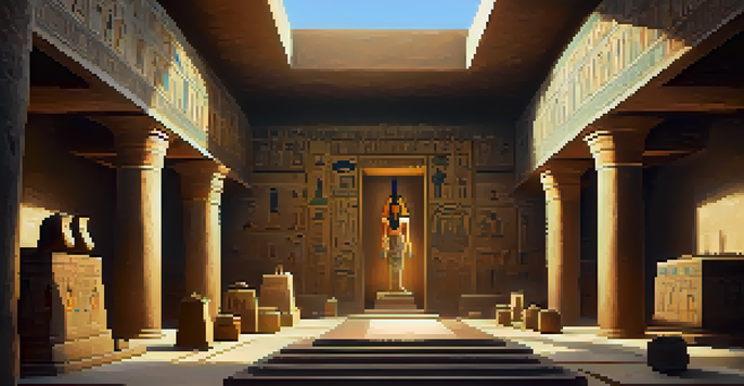 An ancient Egyptian tomb with detailed hieroglyphics and frescoes, softly illuminated by golden light, featuring an altar with offerings and symbolic artifacts.