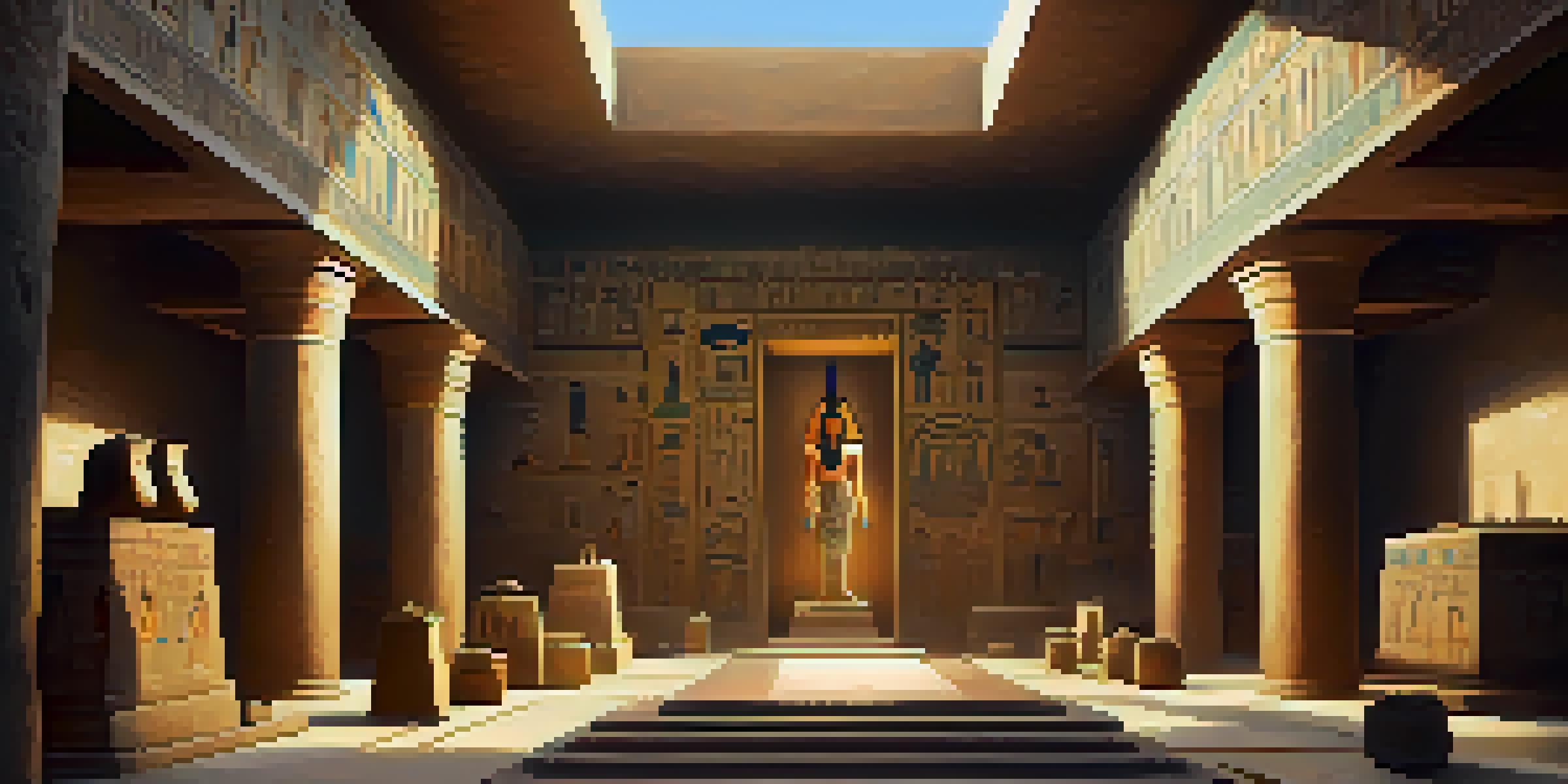 An ancient Egyptian tomb with detailed hieroglyphics and frescoes, softly illuminated by golden light, featuring an altar with offerings and symbolic artifacts.