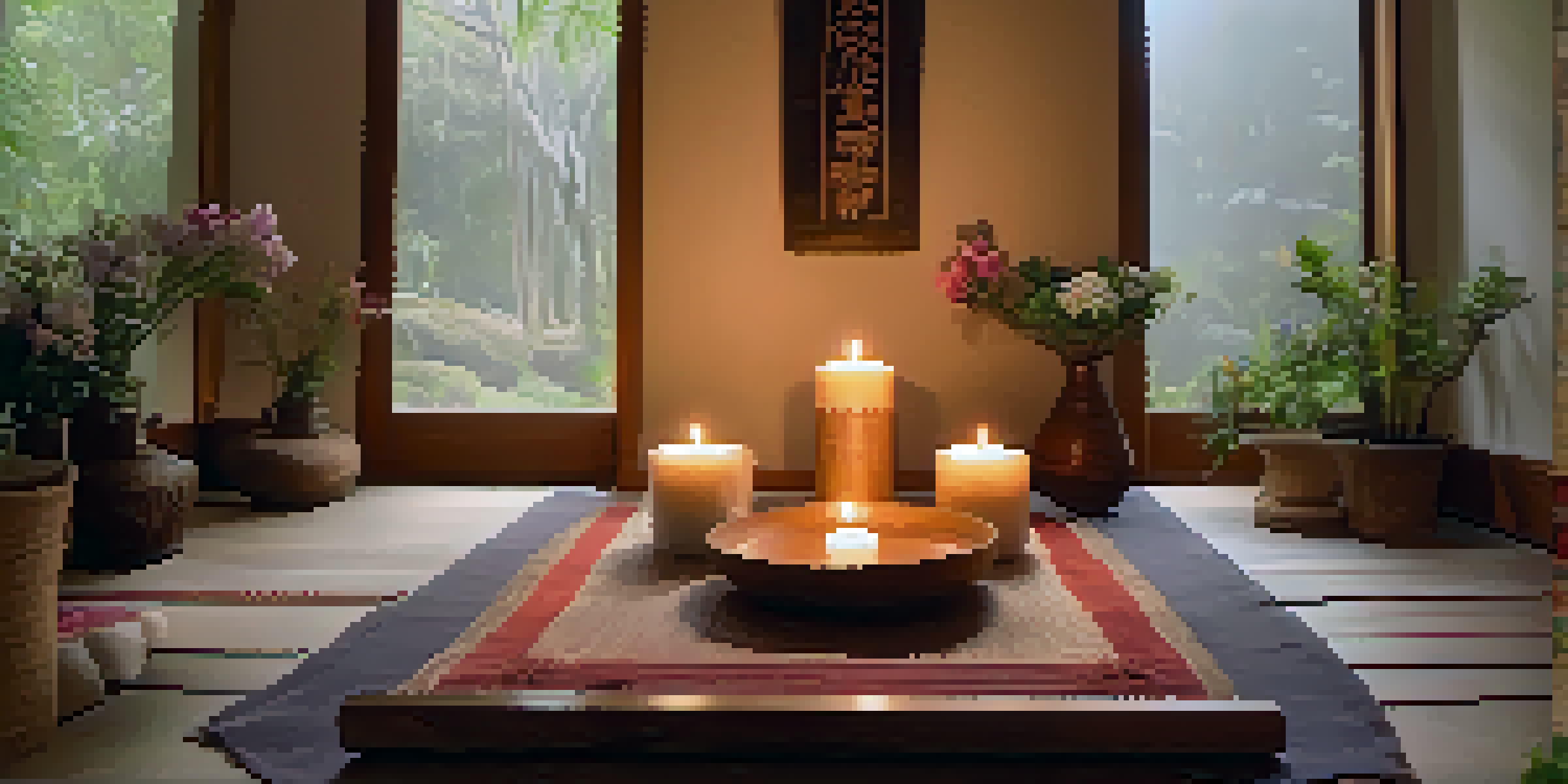 A calm meditation space with a candle on a table, surrounded by flowers, and decorated with ancestral photographs.