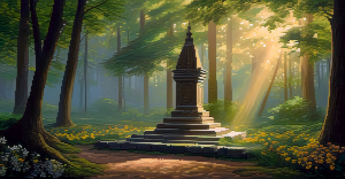 A peaceful forest scene at dawn with sunlight shining through trees, a stone altar with flowers and candles in a clearing.