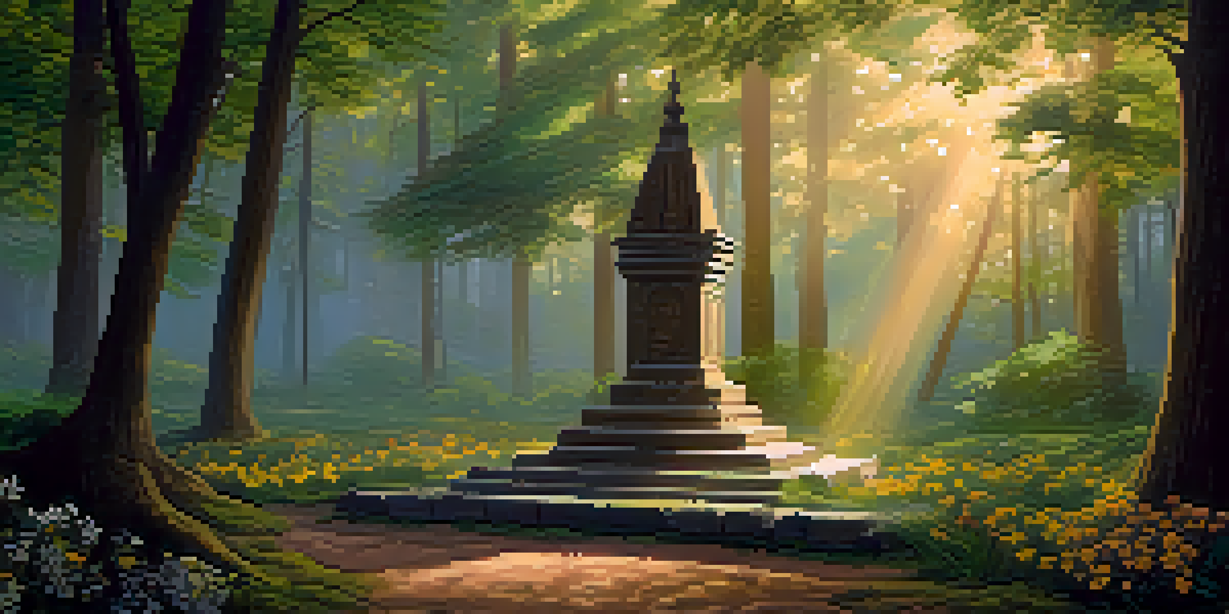 A peaceful forest scene at dawn with sunlight shining through trees, a stone altar with flowers and candles in a clearing.