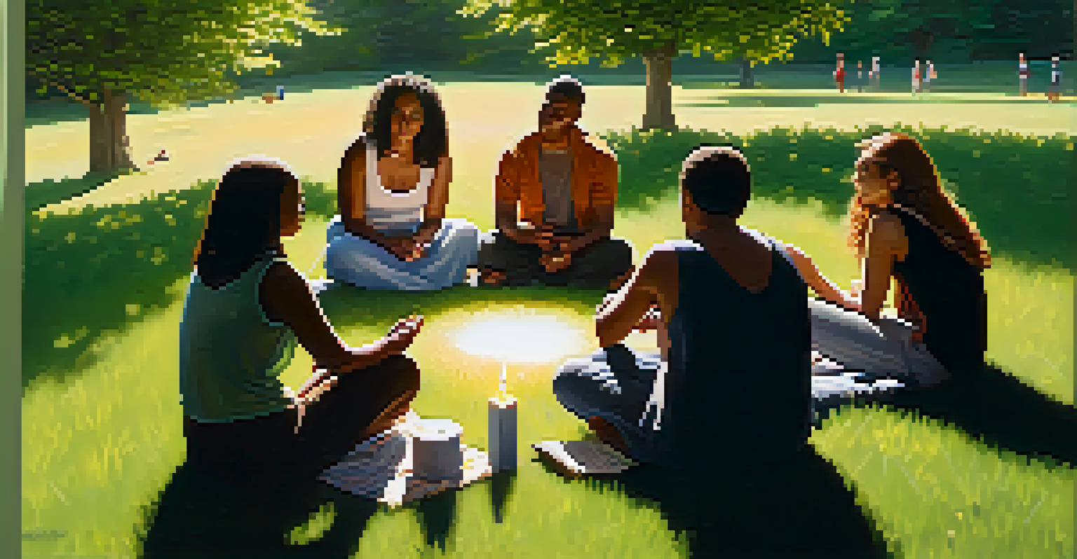 A diverse group of people sitting in a circle on grass, sharing their spiritual experiences.