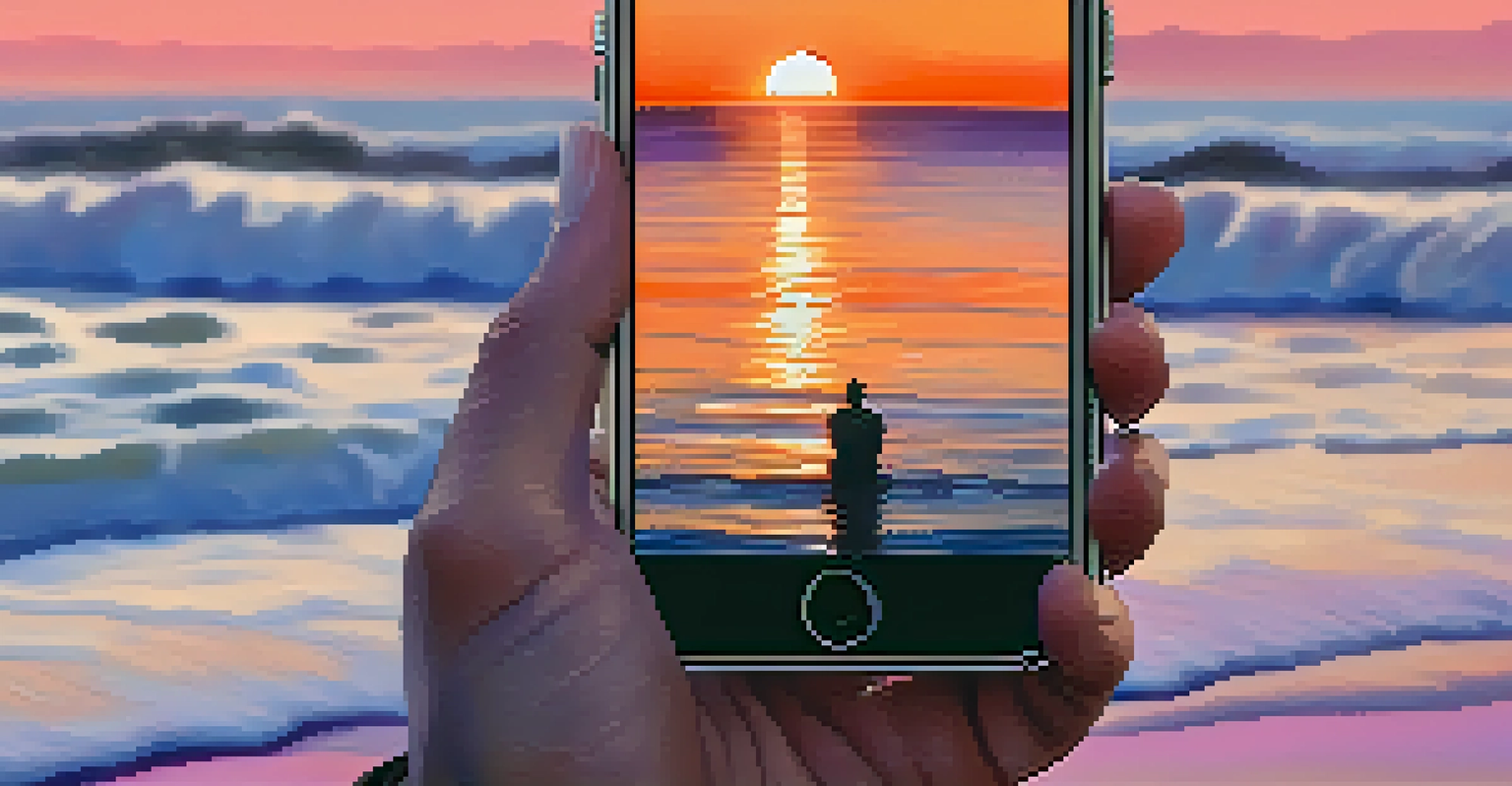 A hand holding a smartphone with a spiritual podcast episode, set against a sunset at the beach.