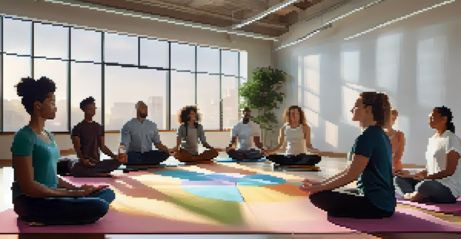 A diverse group of employees seated in a circle on yoga mats, practicing mindfulness together in a well-lit office environment.