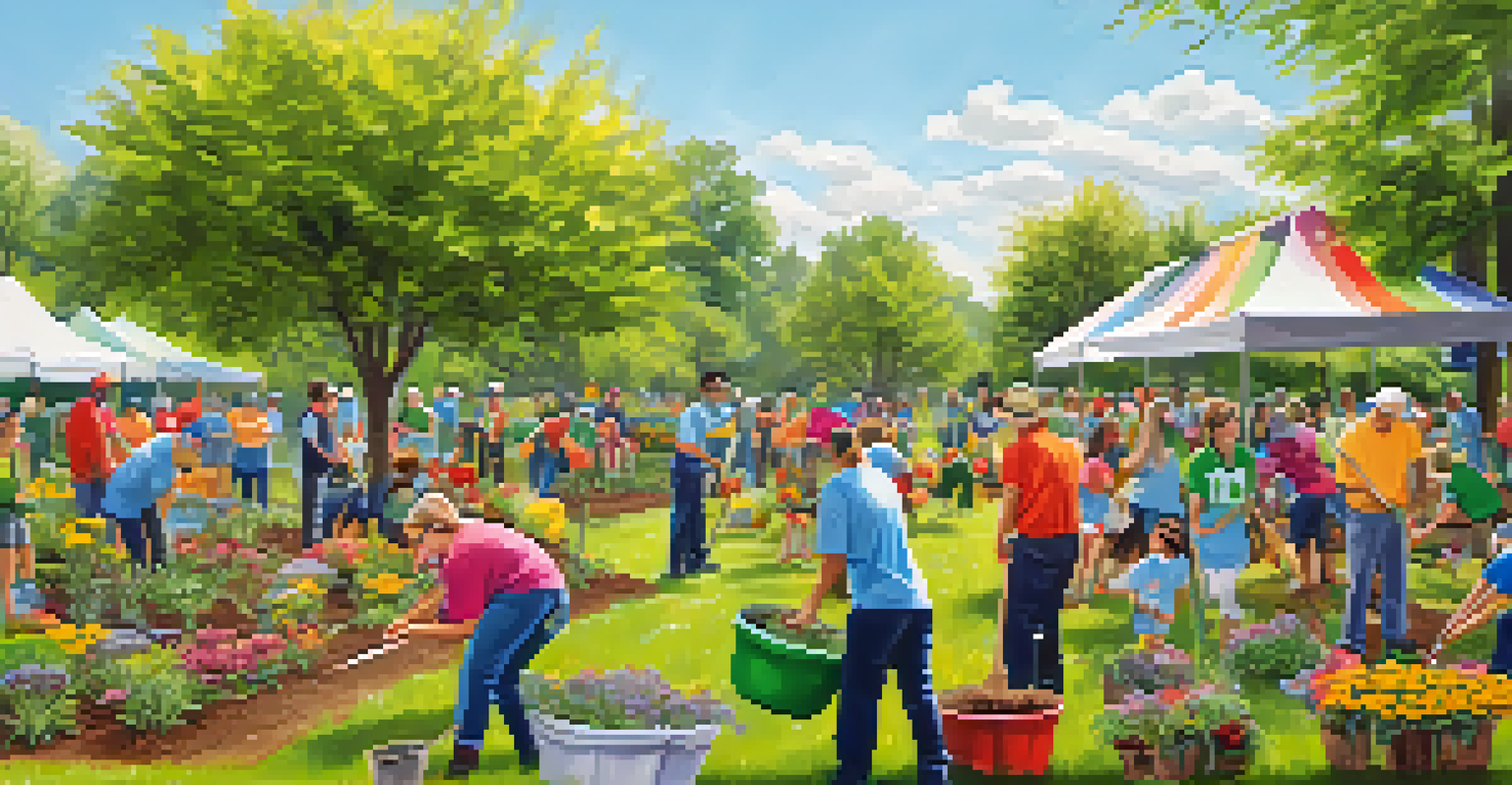 A diverse group of volunteers planting trees and flowers in a community park, showcasing teamwork and environmental care with bright colors and joyful expressions.