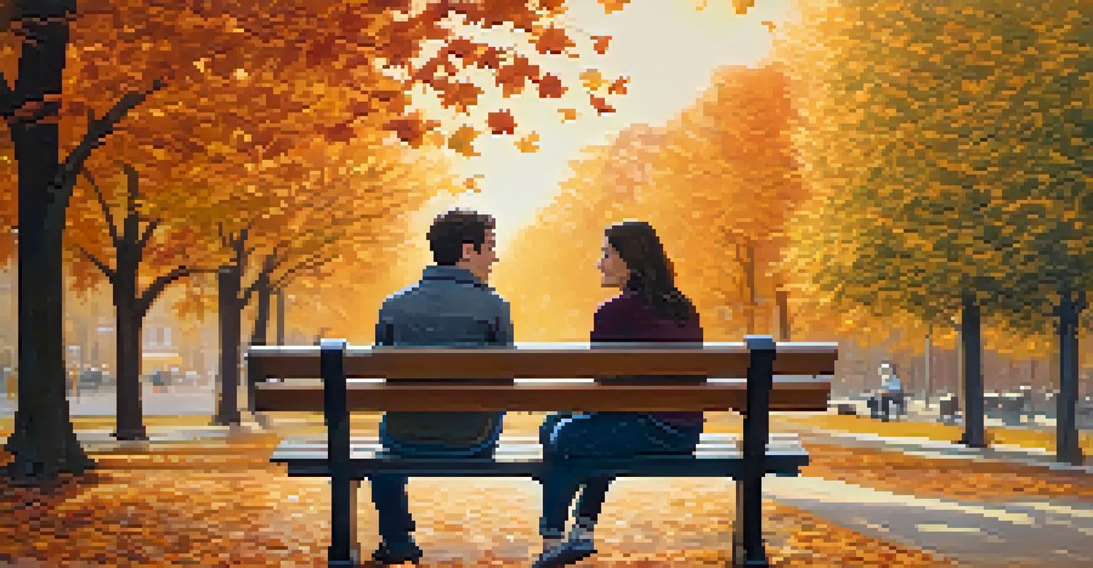 Two friends sitting on a park bench, one listening supportively while the other shares their feelings, surrounded by autumn leaves and warm golden light.