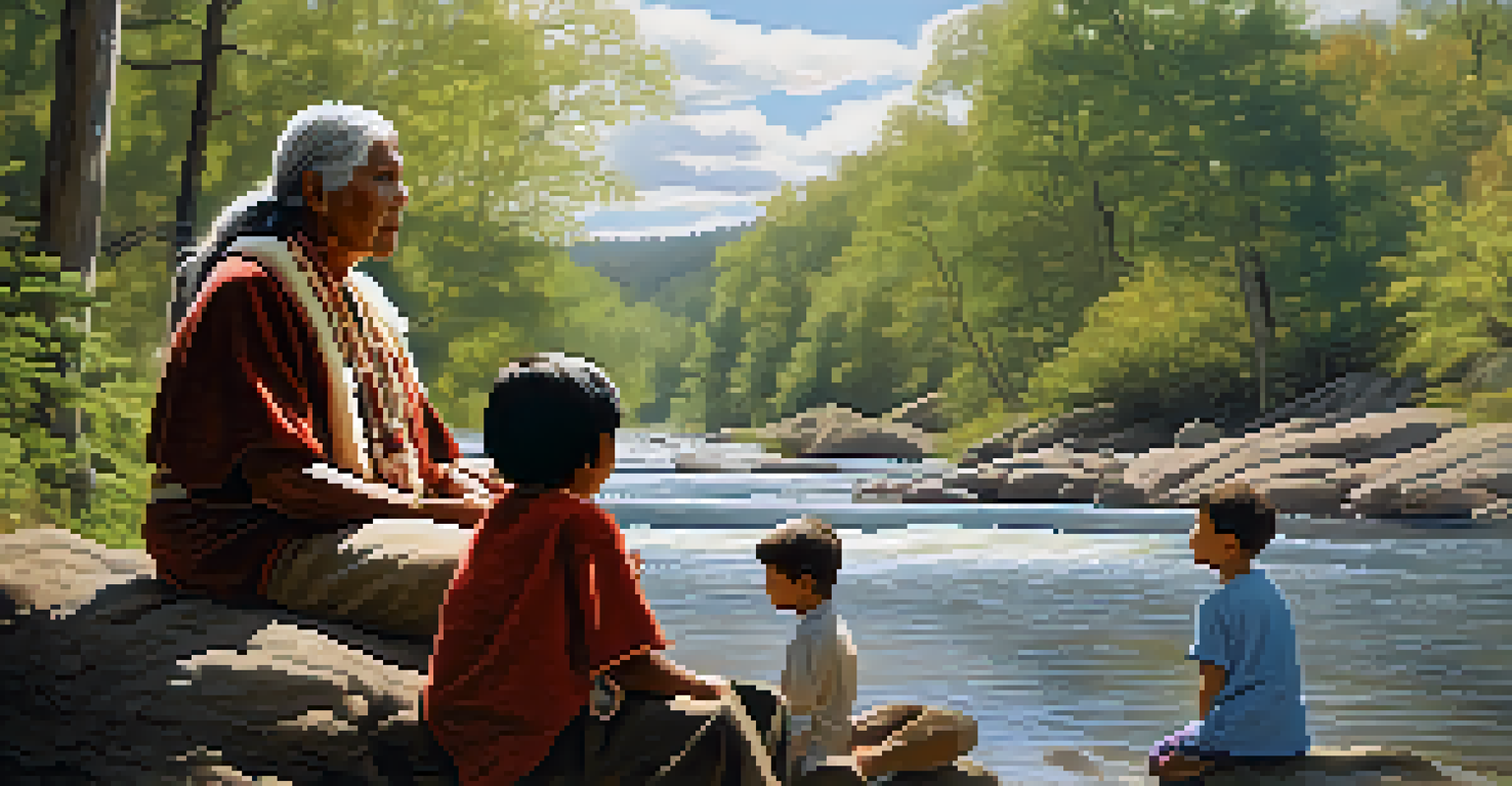 An indigenous elder shares wisdom with children in a natural setting, highlighting the connection to community and land.