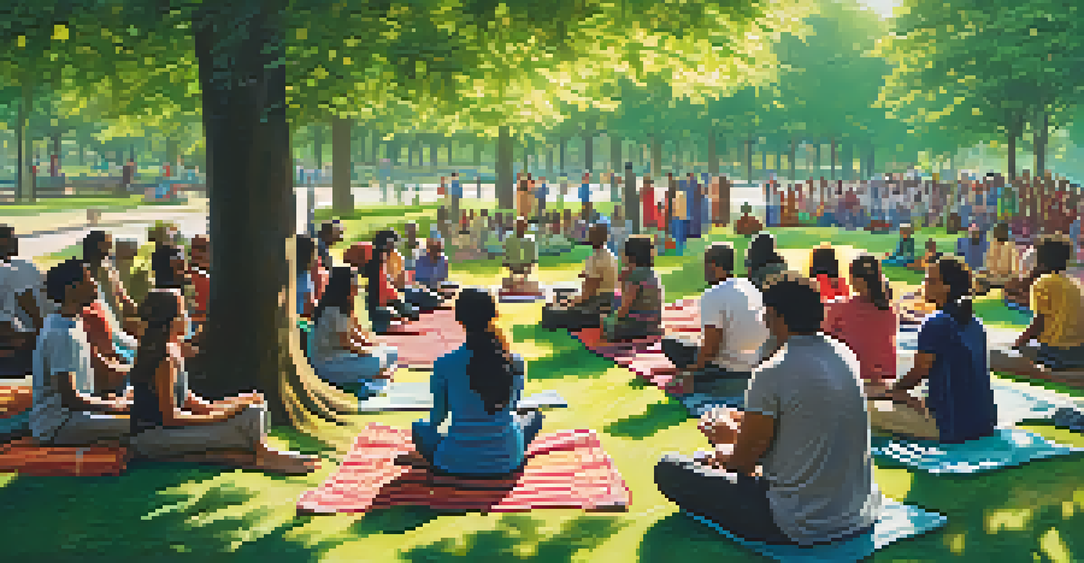 A diverse group of people meditating together in a park, surrounded by greenery and sunlight filtering through the trees.