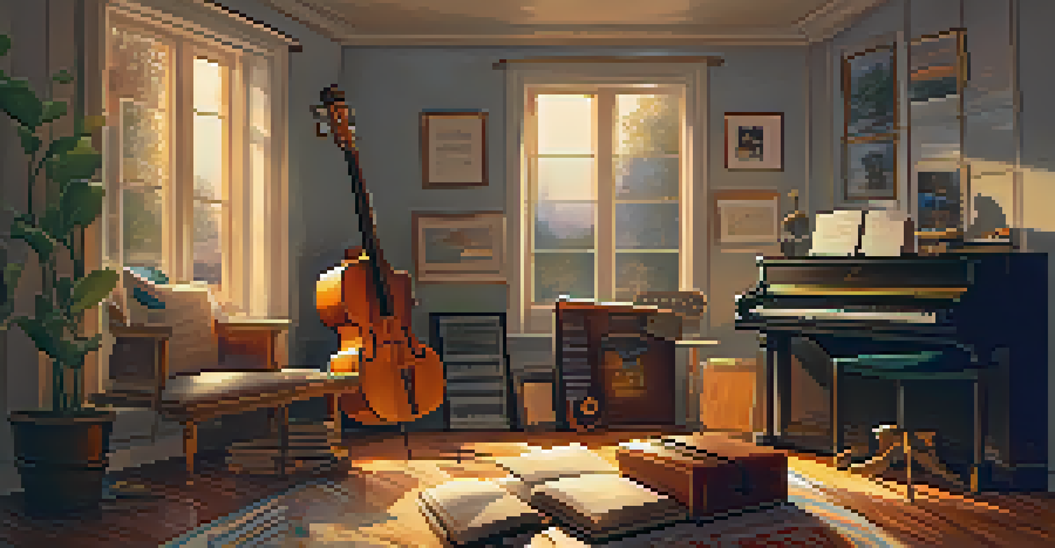 A cozy room filled with musical instruments and warm lighting, with a window showing rain outside and a cup of tea on a table.