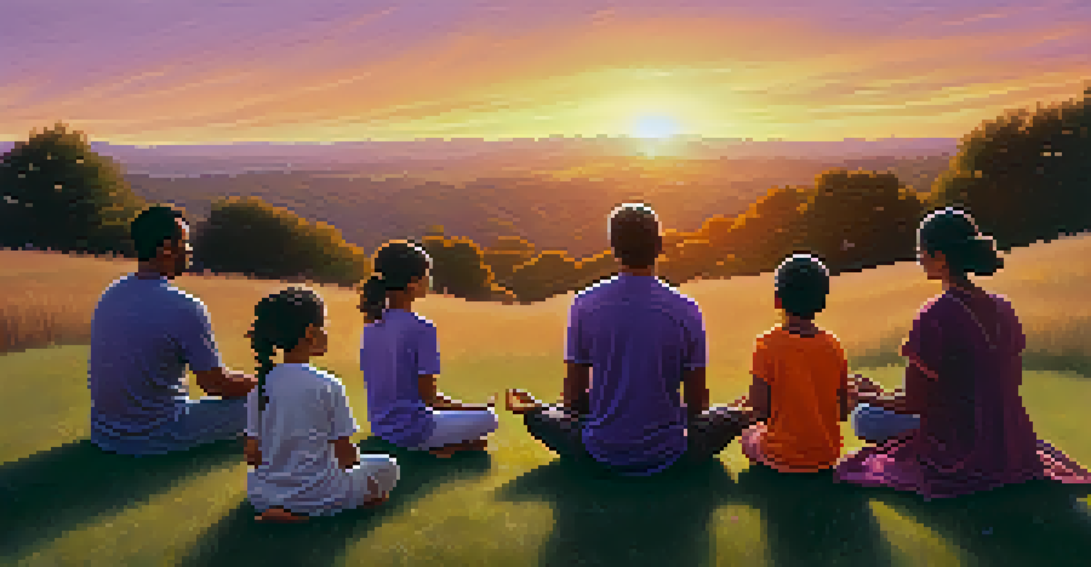A family meditating together outdoors at sunset, sitting in a circle on a grassy hill.