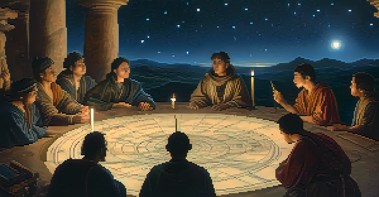 Ancient scholars studying celestial maps under a glowing night sky filled with constellations.