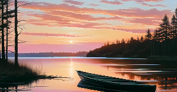 A tranquil lake at sunset with vibrant colors reflecting on the water, surrounded by silhouettes of trees and a drifting boat.