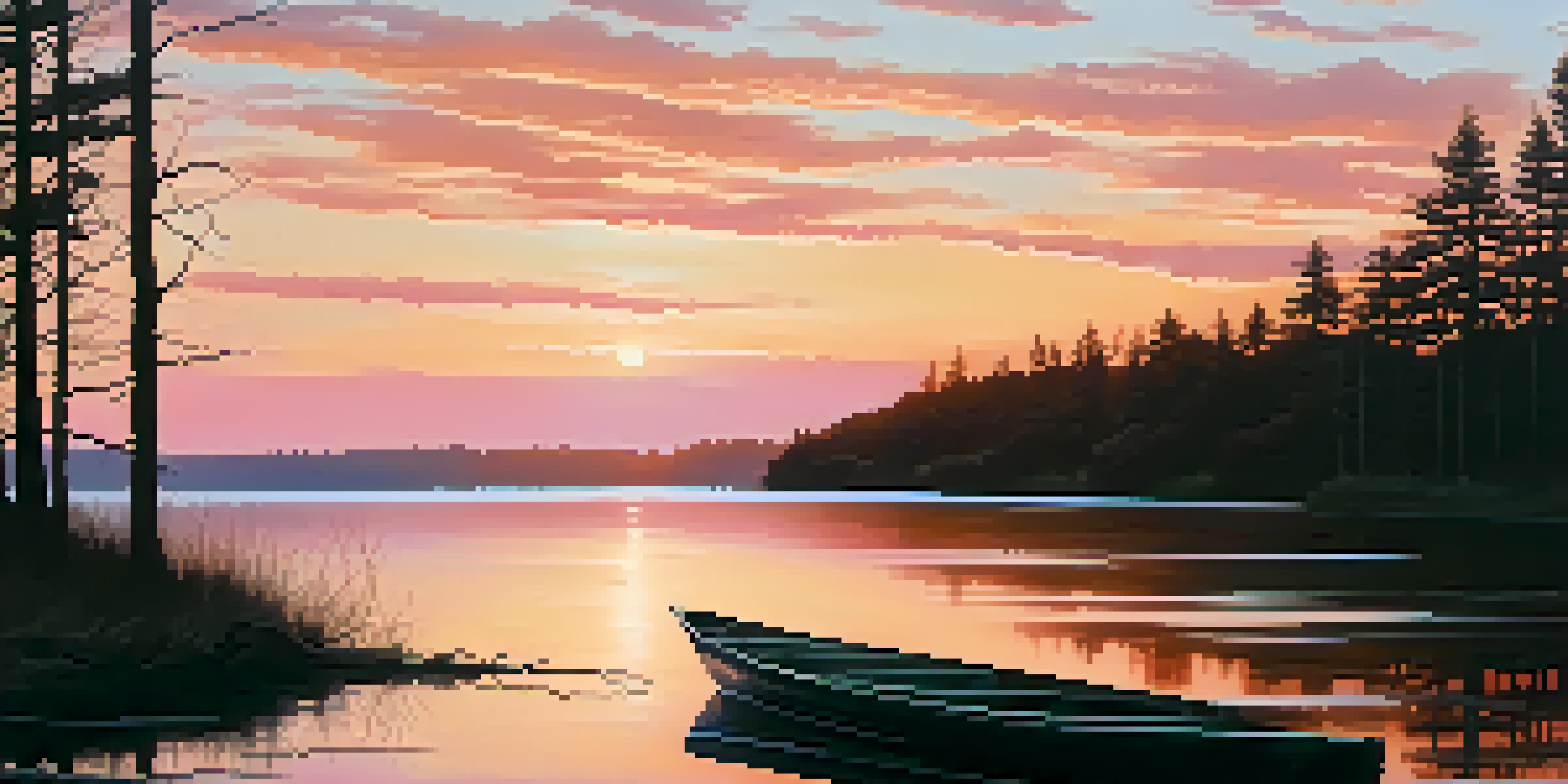A tranquil lake at sunset with vibrant colors reflecting on the water, surrounded by silhouettes of trees and a drifting boat.