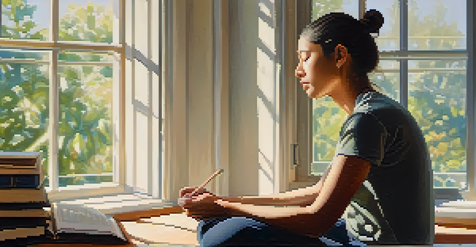 A person meditating with closed eyes, a peaceful expression, and sunlight highlighting their face, with a notebook nearby.