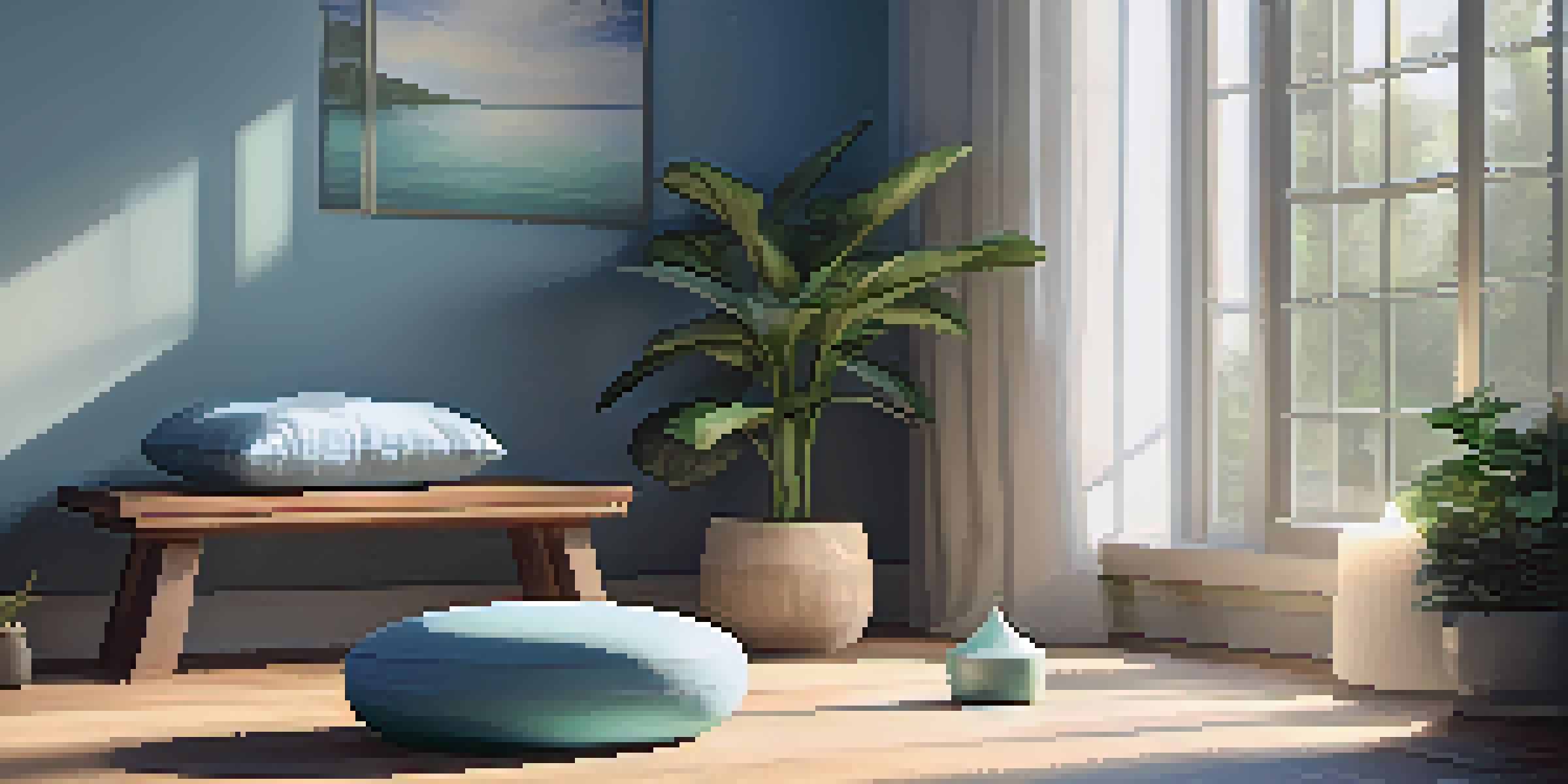 A peaceful meditation space with soft lighting, a meditation cushion, a plant, and a lit candle, evoking serenity.