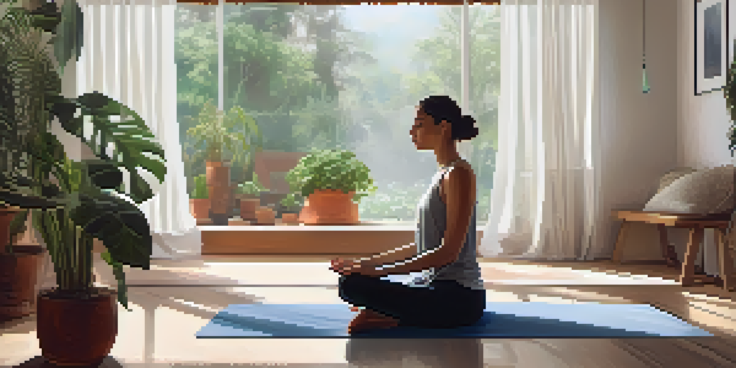 A person meditating on a yoga mat in a softly lit room filled with plants and calming decor.