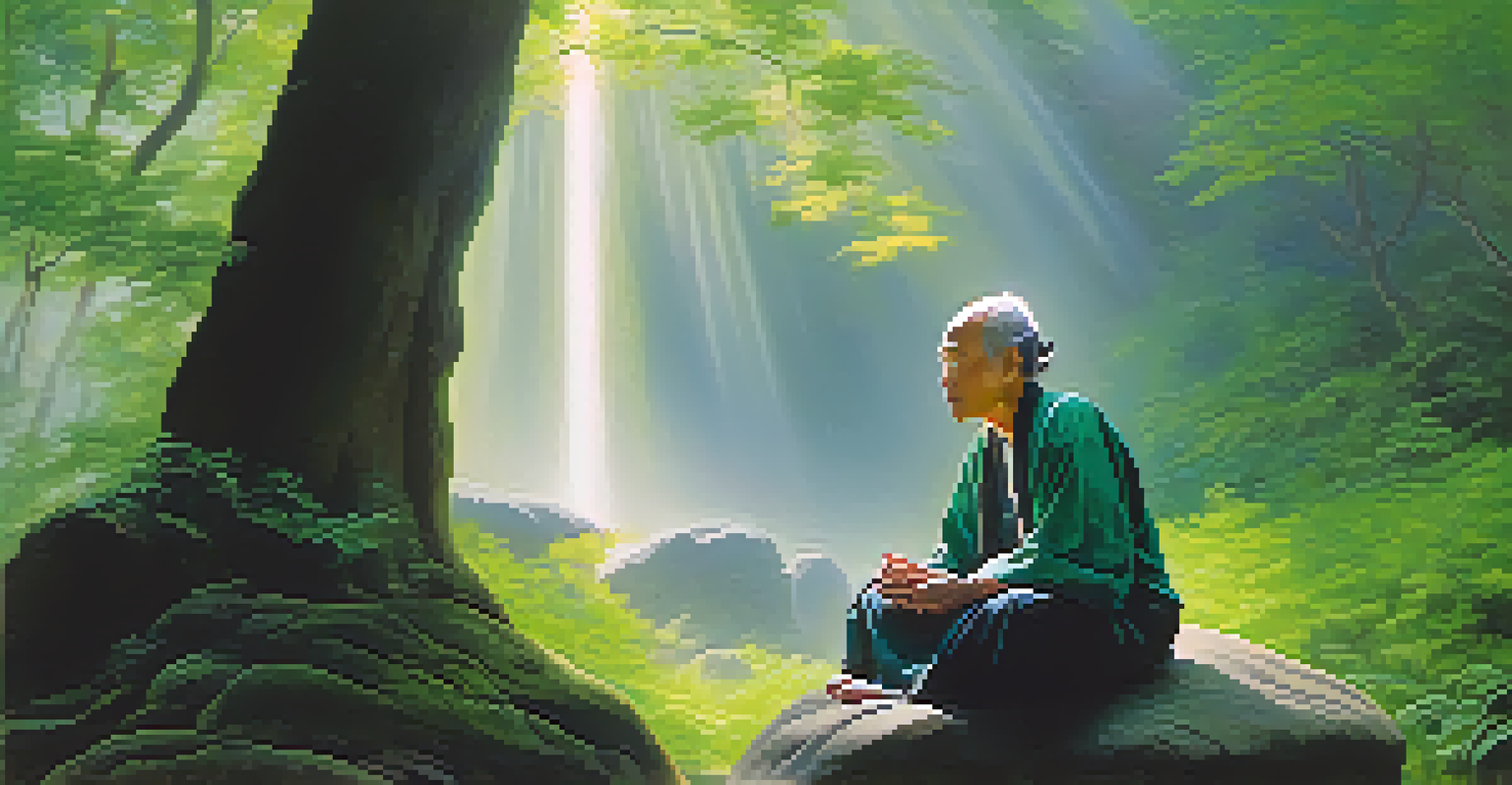 An elderly man meditating on a rock in a tranquil forest, with soft light filtering through the trees and vibrant green foliage.