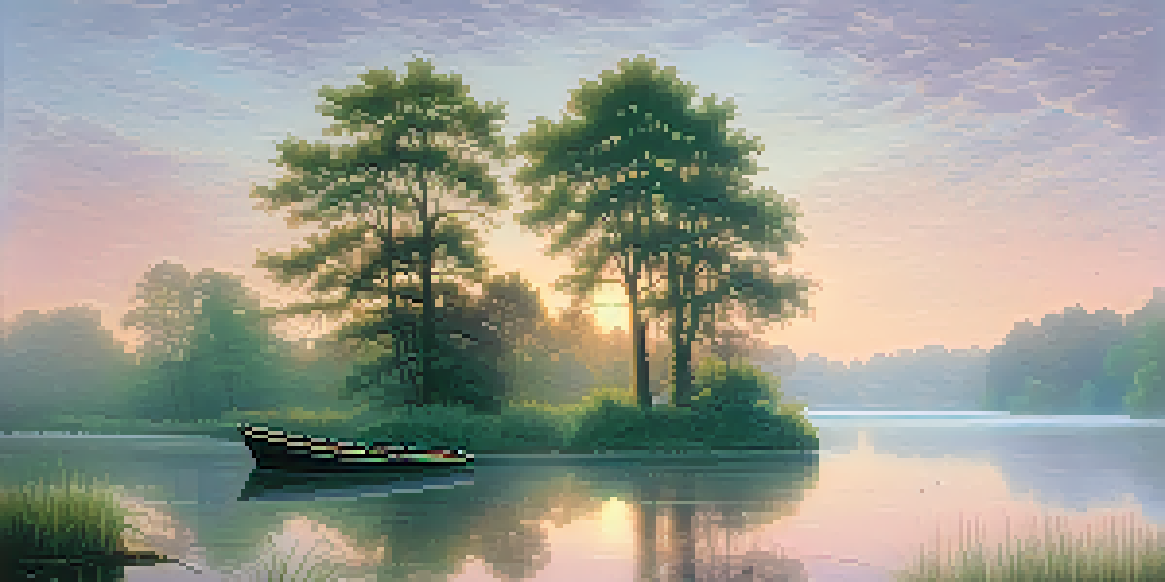 A tranquil lake at sunrise with mist and colorful reflections, framed by green trees and a small wooden boat.
