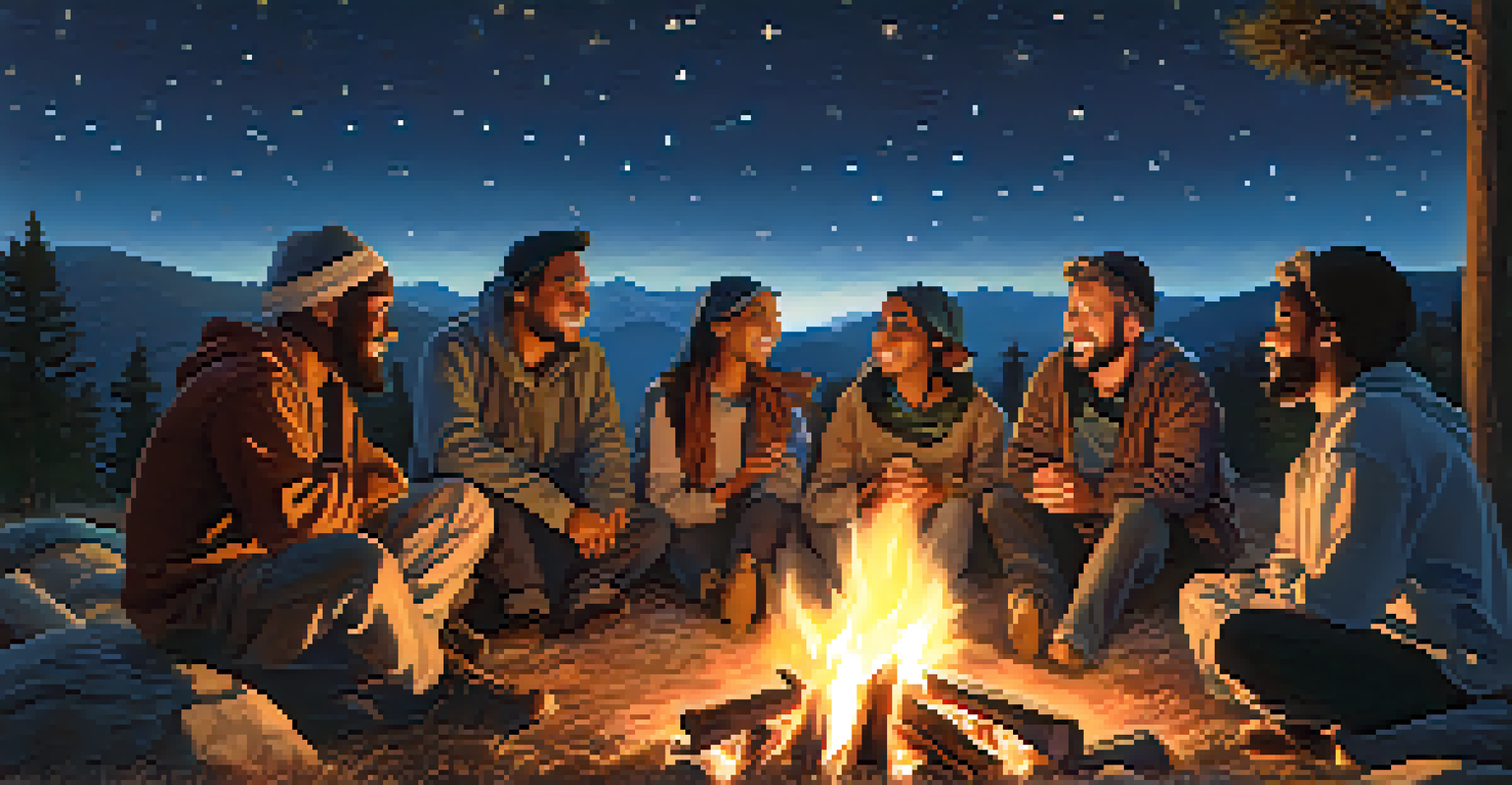 A diverse group of pilgrims sit around a campfire at dusk, illuminated by the firelight, sharing stories under a starry sky.