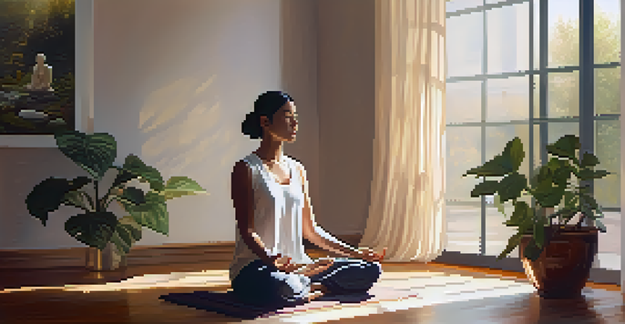 A person meditating in a sunlit room, surrounded by plants and soft curtains, with warm sunlight casting shadows on the wooden floor.