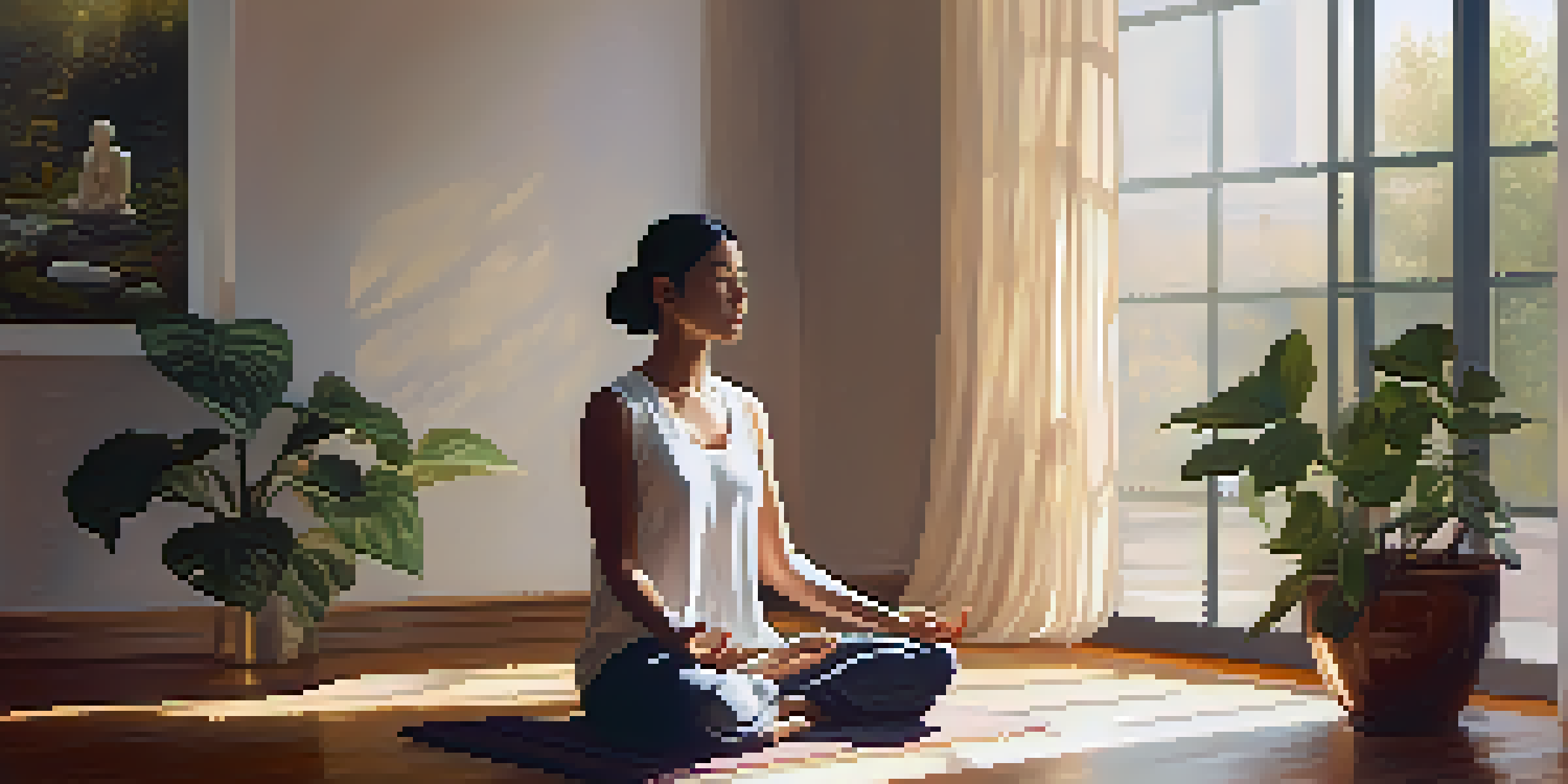 A person meditating in a sunlit room, surrounded by plants and soft curtains, with warm sunlight casting shadows on the wooden floor.