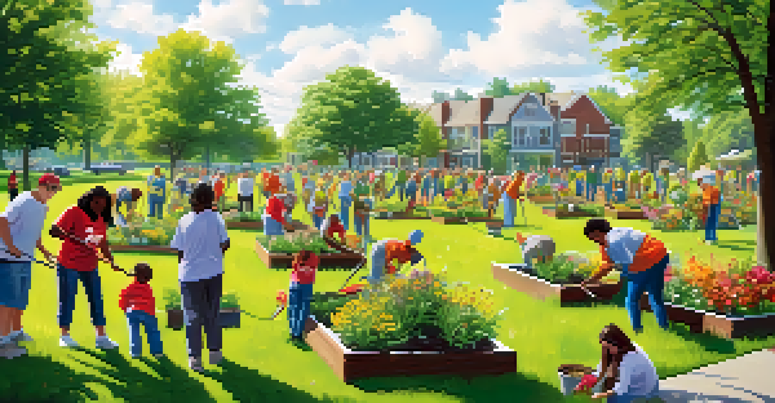 A group of diverse volunteers planting trees and flowers in a park, showcasing community involvement and teamwork.
