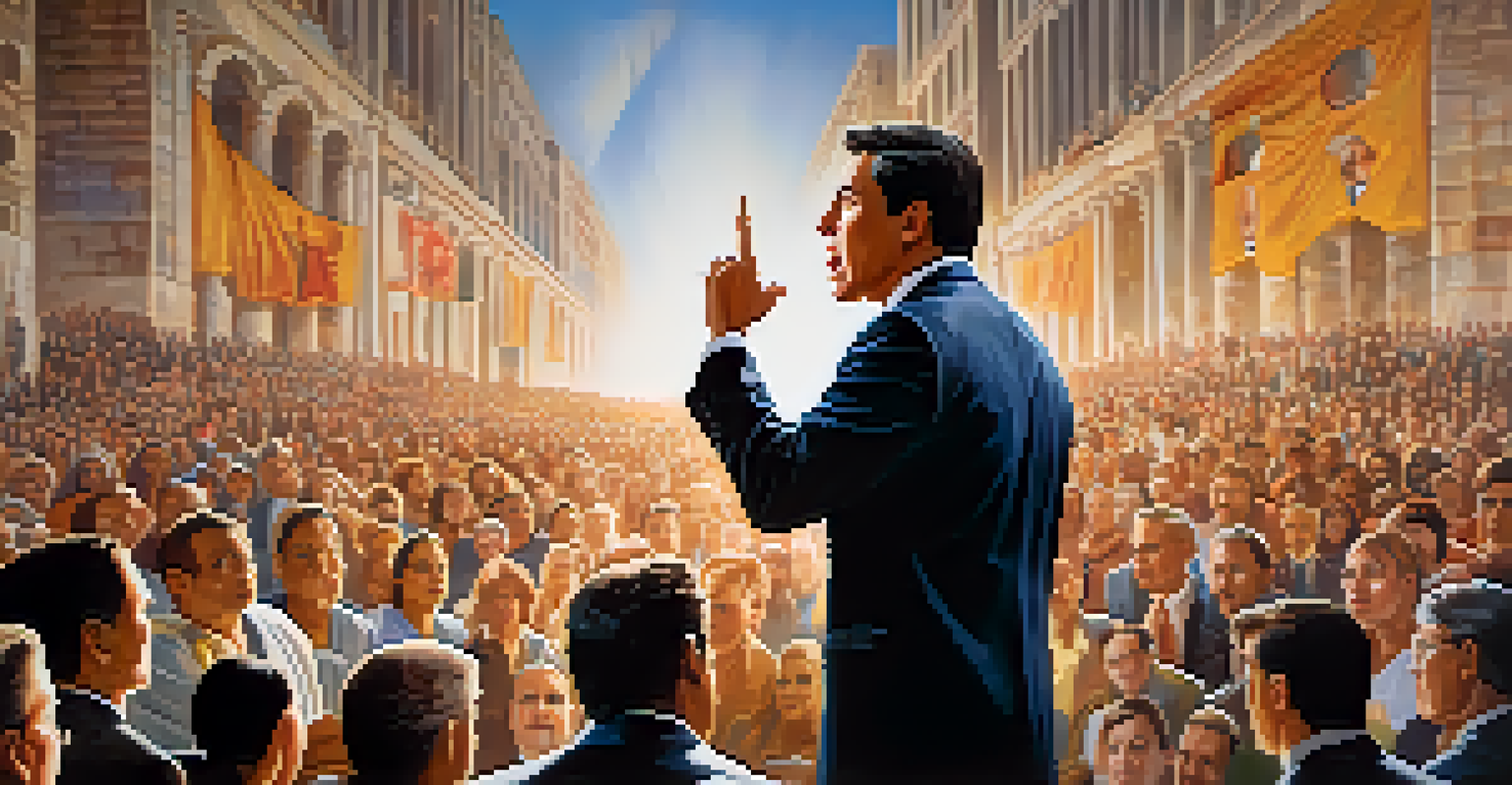 A compassionate leader speaking to a crowd in front of a mural about justice, with engaged listeners holding signs.