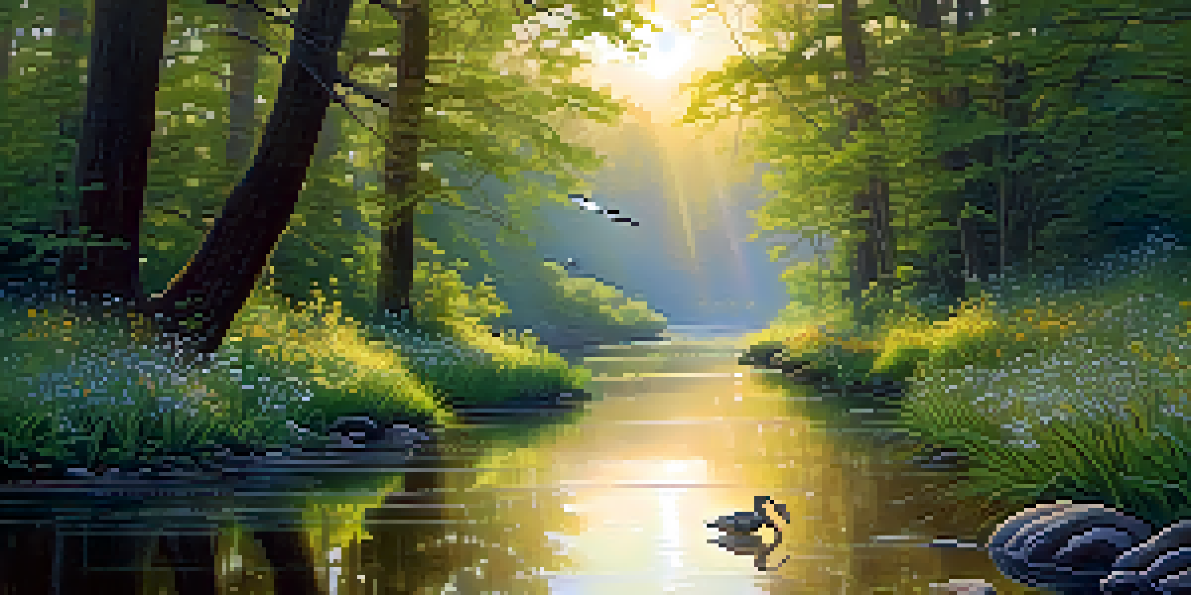A tranquil forest at dawn with sunlight filtering through trees, a stream in the foreground, and blooming wildflowers.