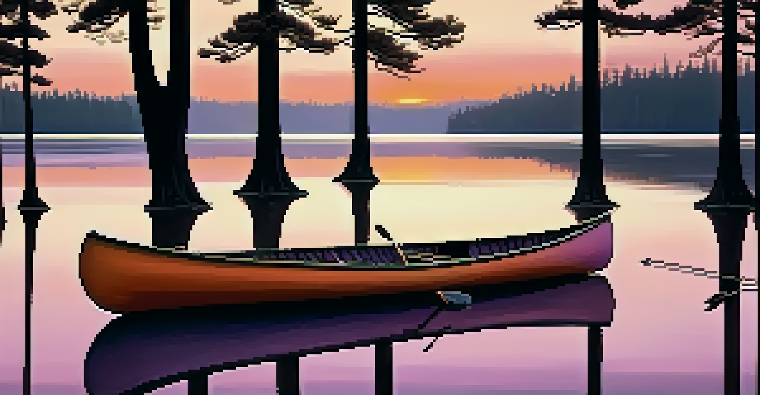 A sunset over a calm lake, with pine trees around it and a canoe floating on the water, creating a tranquil scene.
