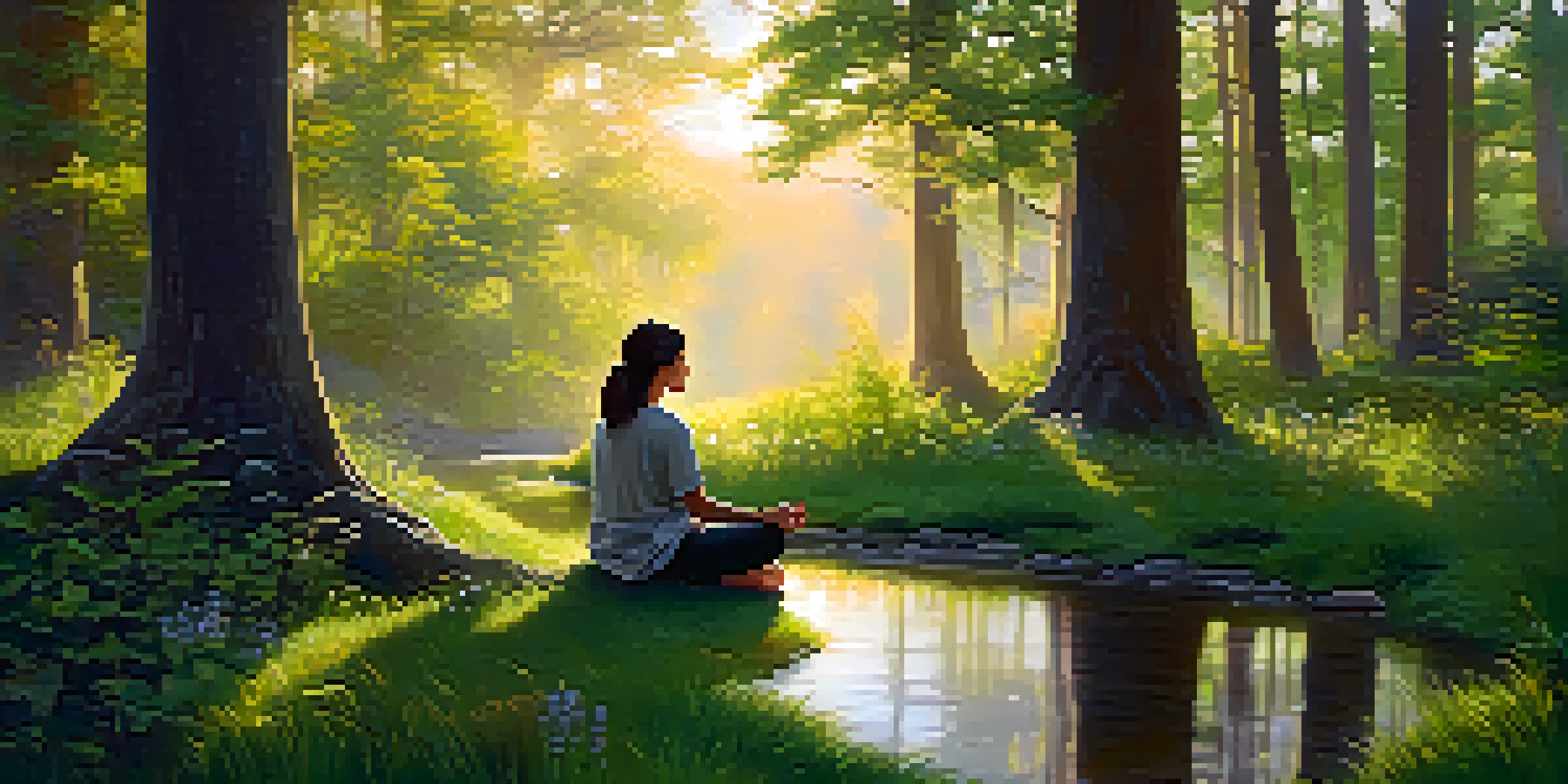 A person meditating in a peaceful forest at dawn with sunlight filtering through the trees.