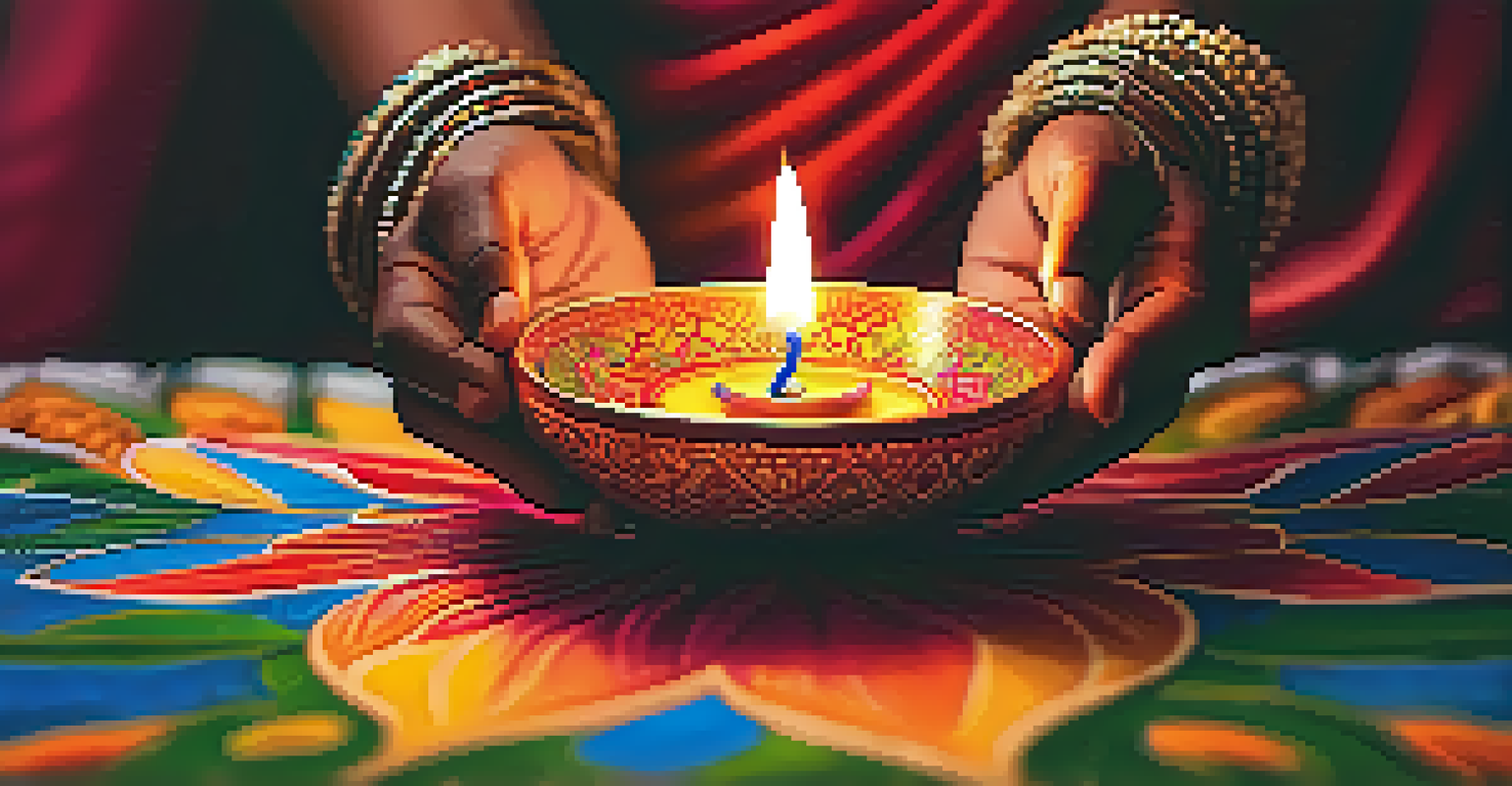 Close-up of hands holding a diya lamp against colorful rangoli patterns on the floor.