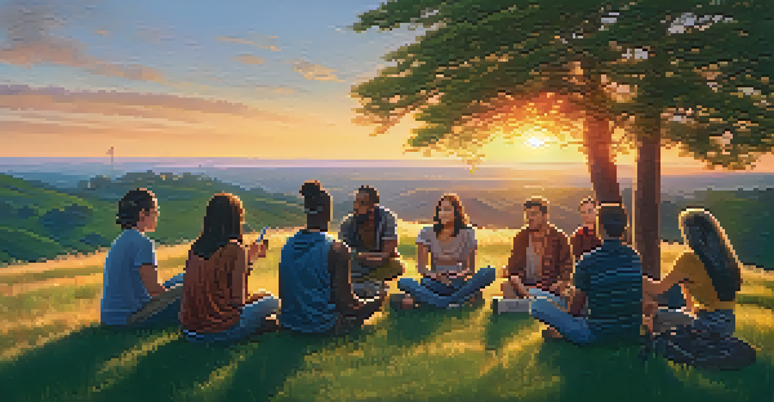A diverse group of people sitting in a circle on a grassy hill at sunset, discussing spirituality with smartphones in hand.