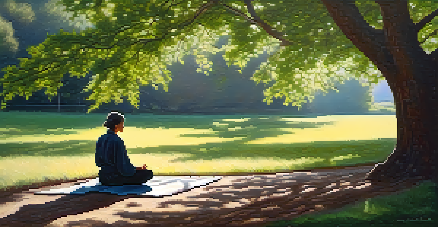 A person meditating in nature, surrounded by sunlight and greenery, symbolizing peace and reflection.