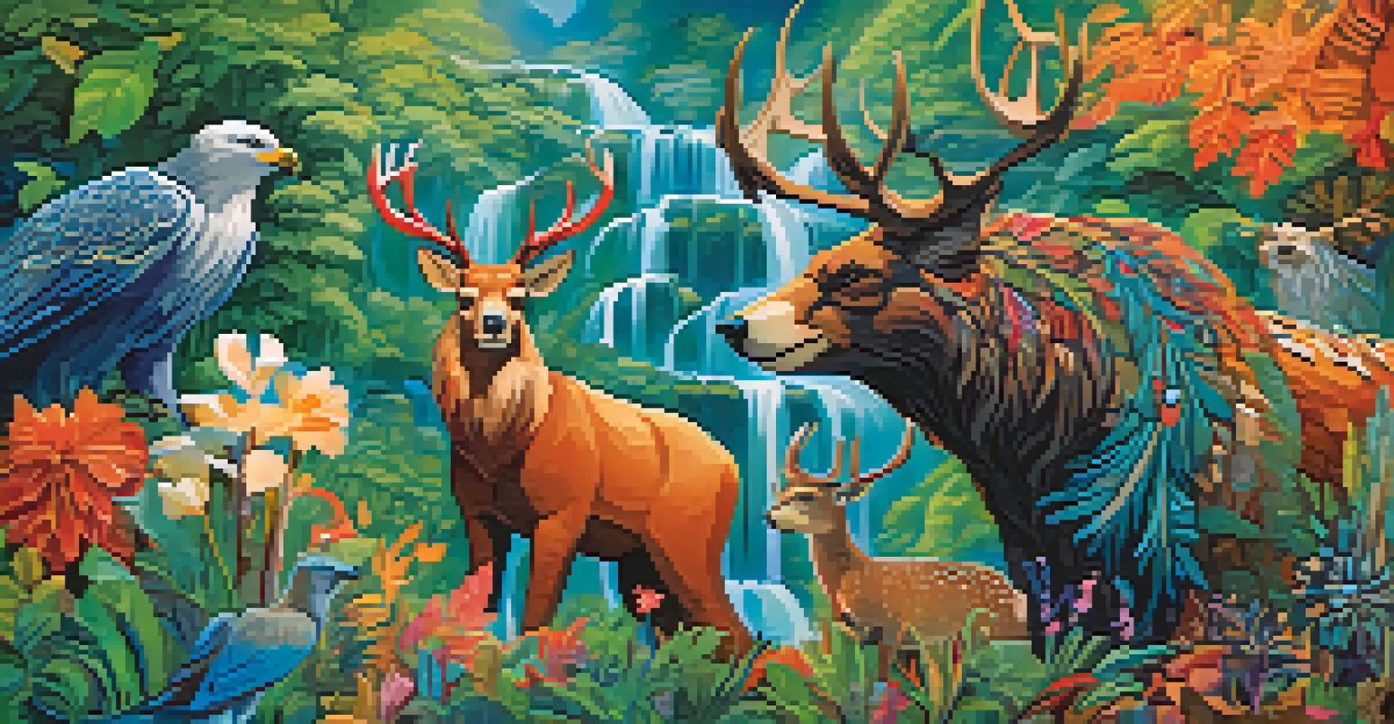 Artistic representation of animal totems including a bear, deer, and eagle, surrounded by colorful natural elements in a dreamy background.