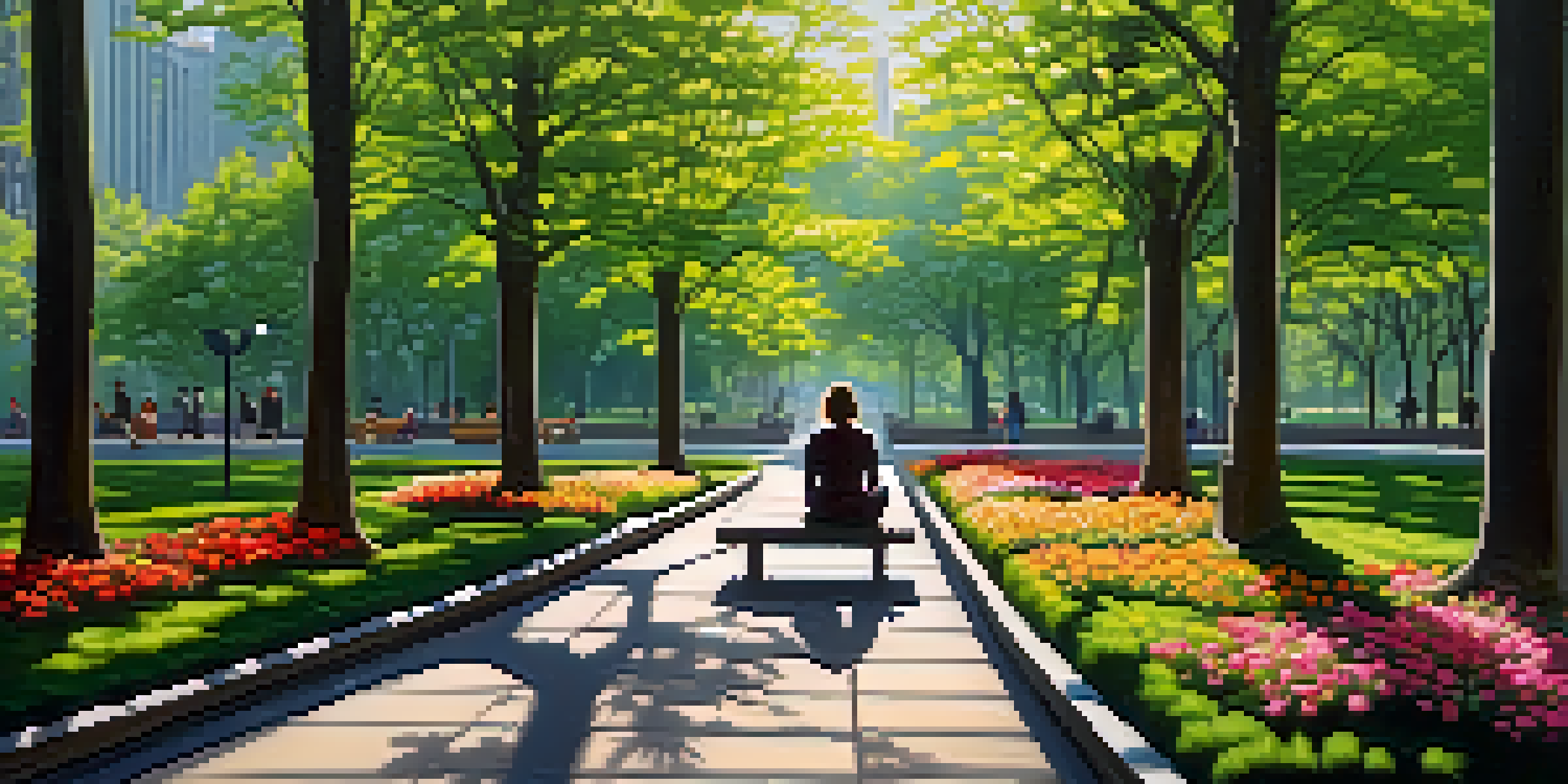 A peaceful urban park during spring with colorful flowers and tall buildings in the background. A person is meditating on a bench under green trees.