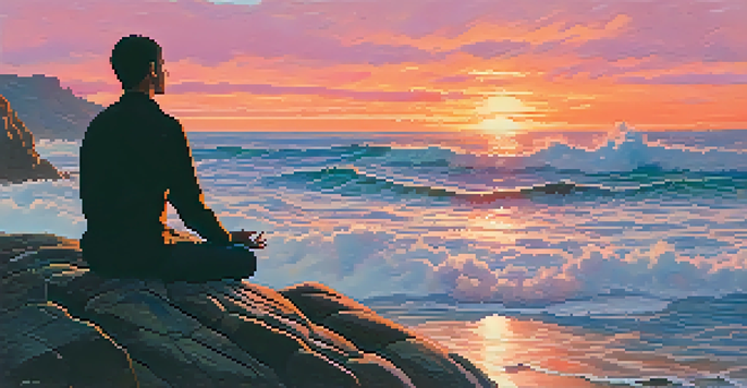 A person meditating on a cliff at sunset, with colorful sky and ocean waves in the background.