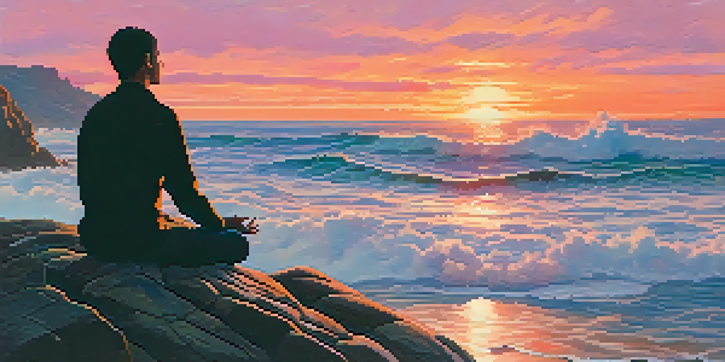 A person meditating on a cliff at sunset, with colorful sky and ocean waves in the background.