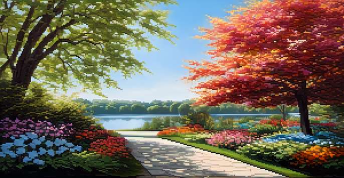 A beautiful garden filled with colorful flowers, a stone path, and a pond under soft sunlight, representing peace and forgiveness.