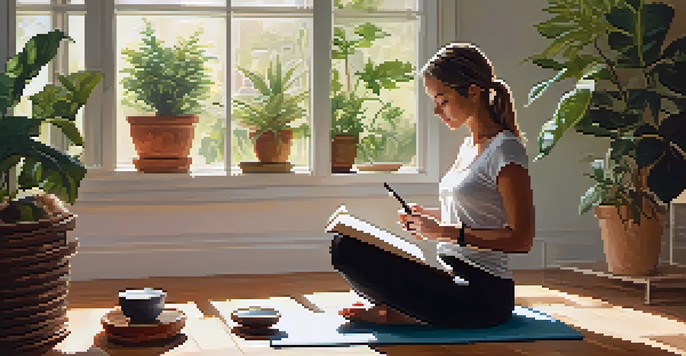 A person sitting on a yoga mat in a sunlit room, writing affirmations in a journal surrounded by indoor plants.