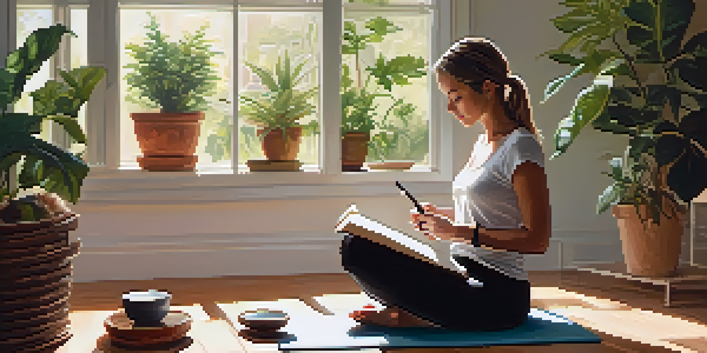 A person sitting on a yoga mat in a sunlit room, writing affirmations in a journal surrounded by indoor plants.