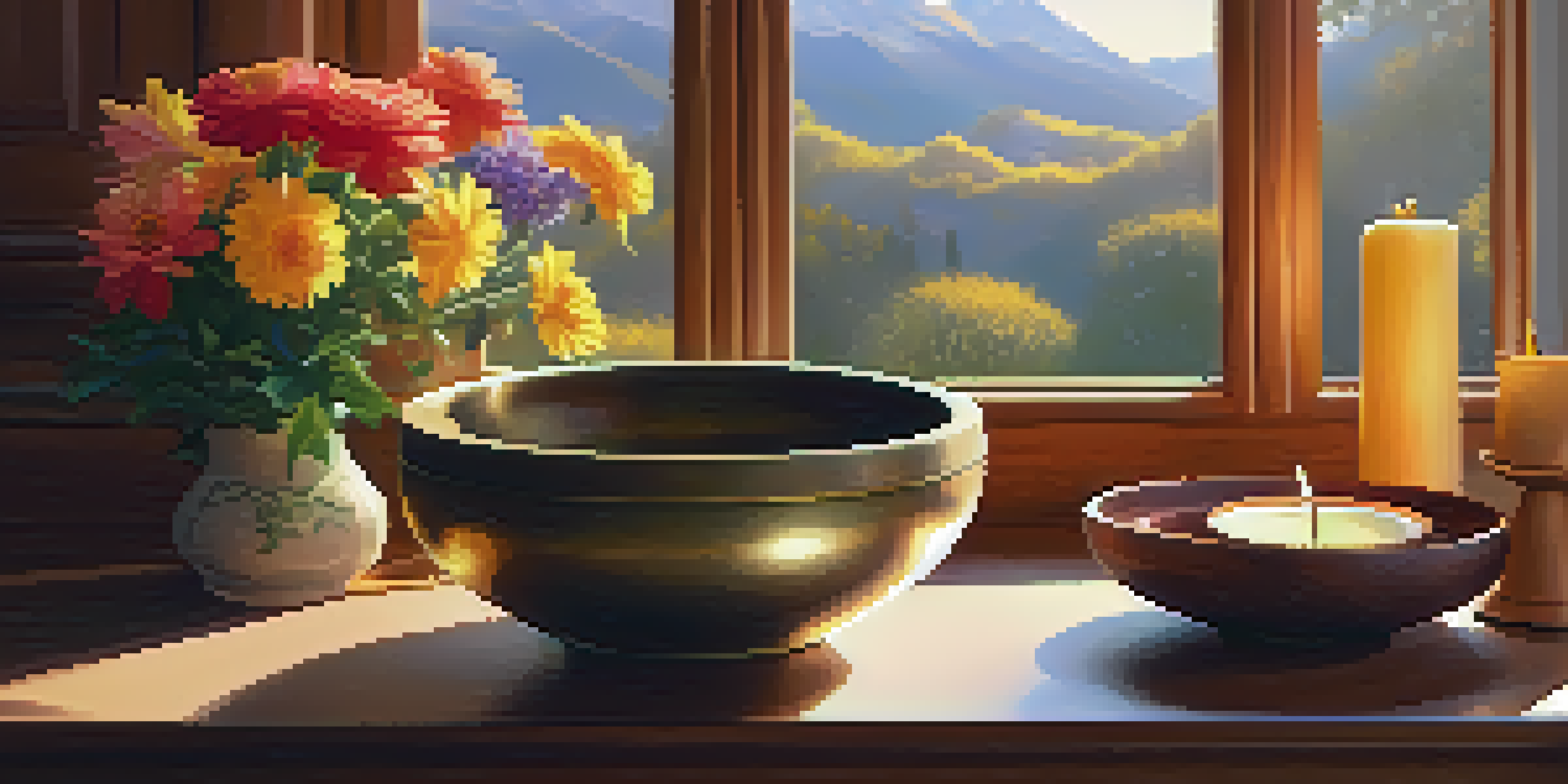 A tranquil scene with a Tibetan singing bowl, colorful flowers, and glowing candles on a wooden altar, illuminated by warm golden light.