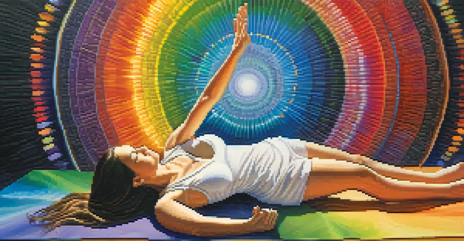 A person receiving chakra balancing with colorful energy fields around them, and hands positioned for healing.