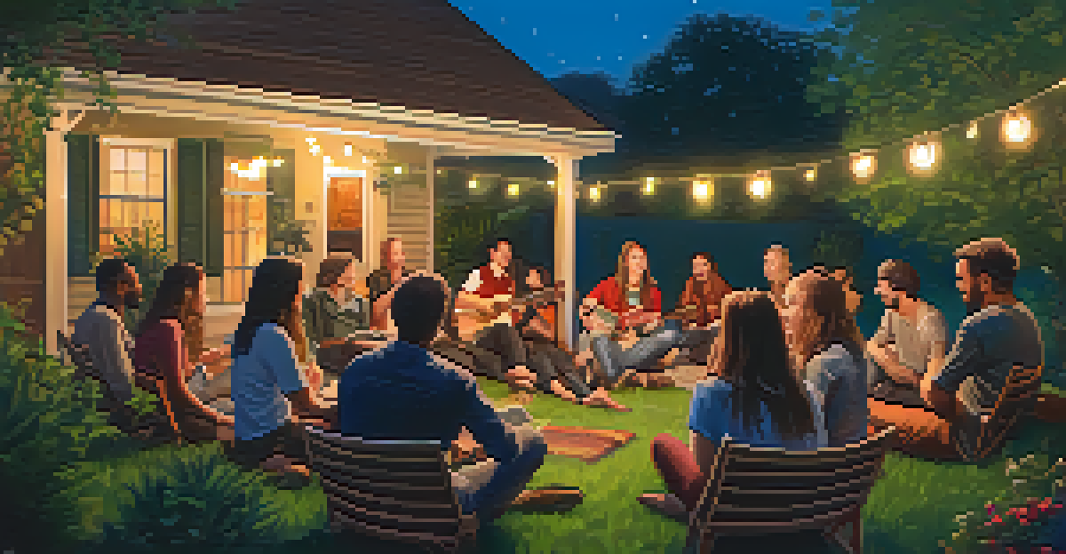 A group of songwriters sharing music in a cozy backyard under string lights, surrounded by greenery and warm dusk colors.
