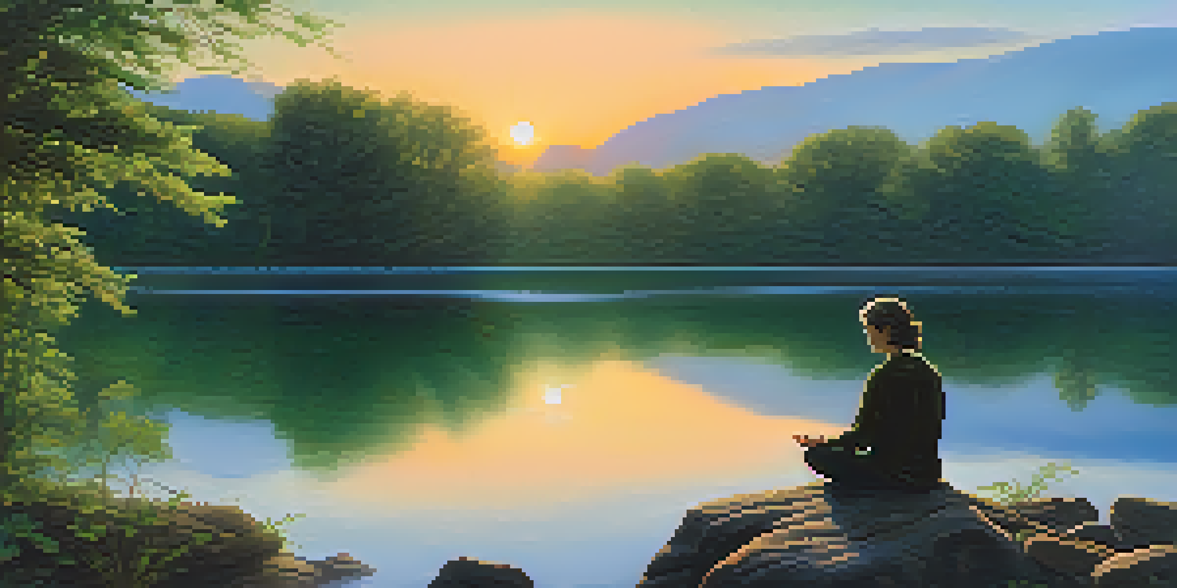 A person meditating by a tranquil lake at sunrise, surrounded by green trees and reflective water.