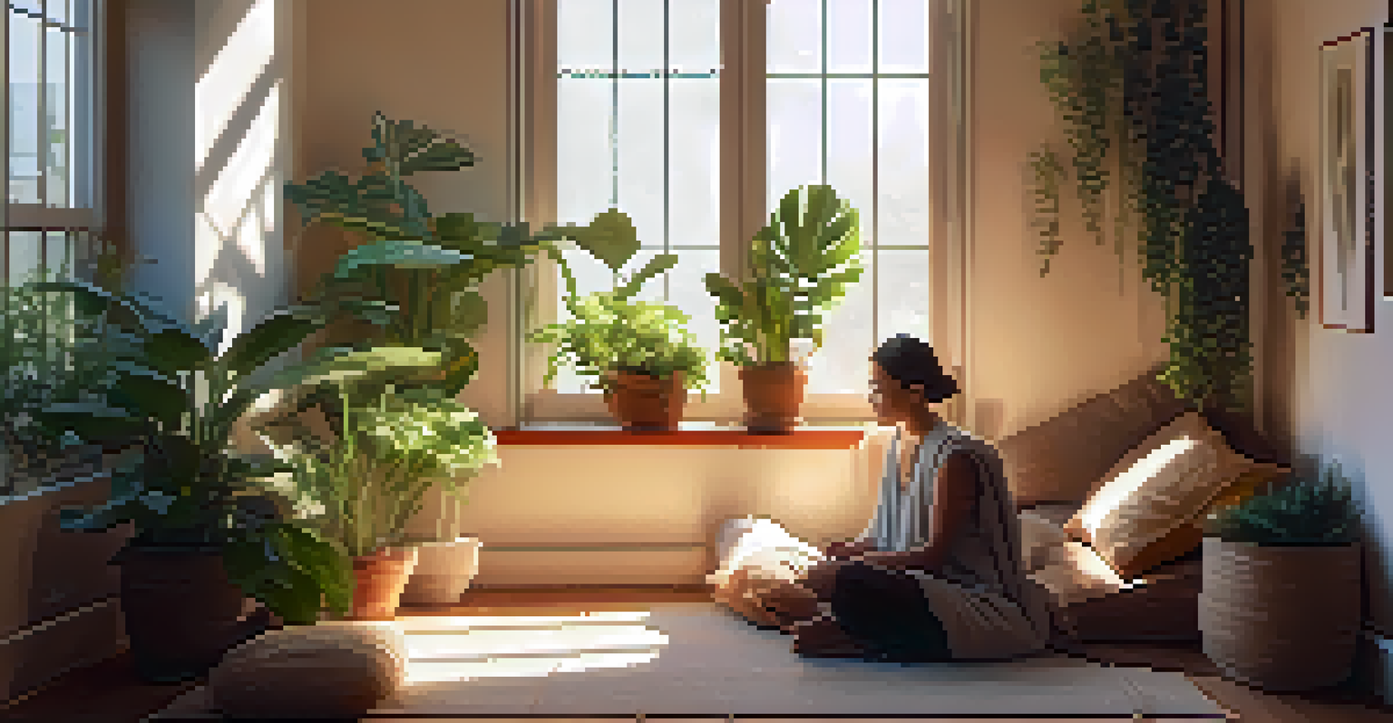 A cozy room corner with a person meditating on a rug, surrounded by plants and sunlight, creating a peaceful atmosphere for solitude.