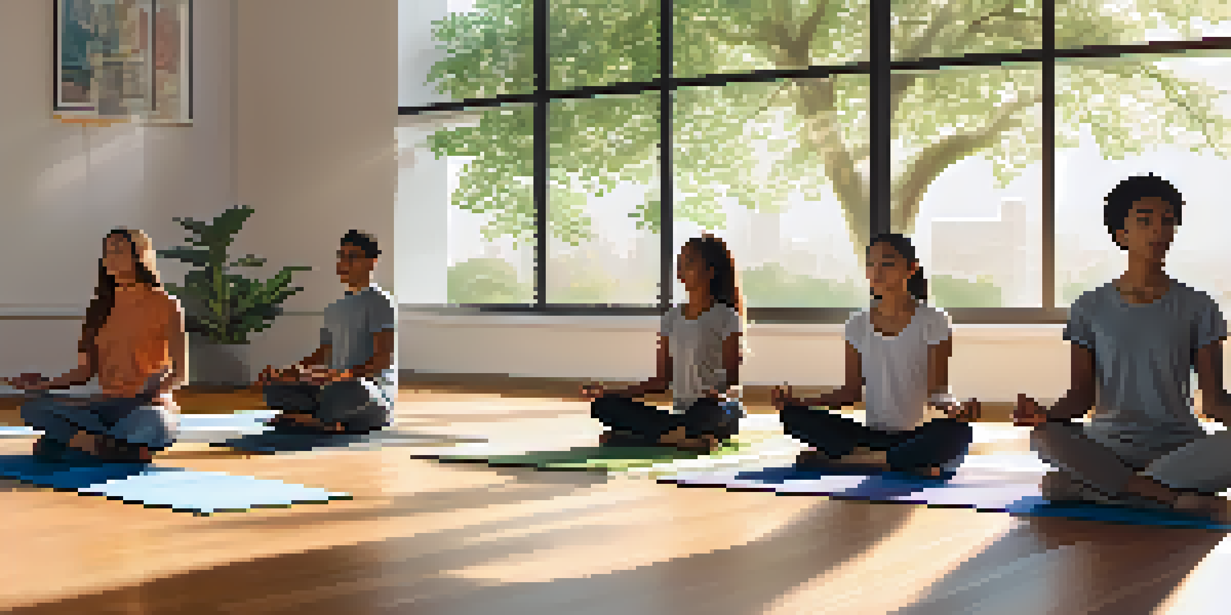 A peaceful classroom with students practicing mindfulness on yoga mats, surrounded by greenery and natural light.