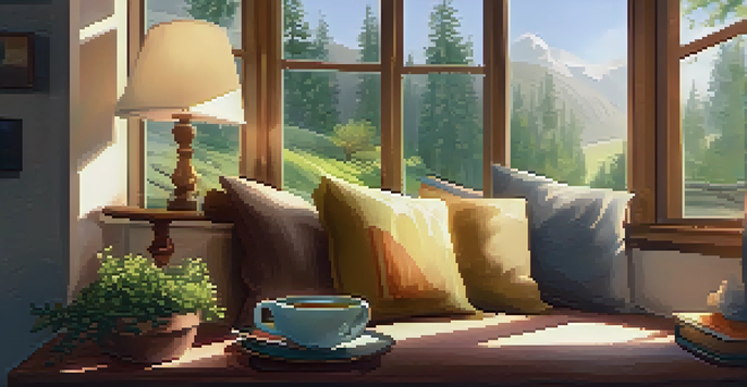 A comfortable reading corner with cushions, a cup of tea, and a digital tablet displaying an e-book, illuminated by warm sunlight.